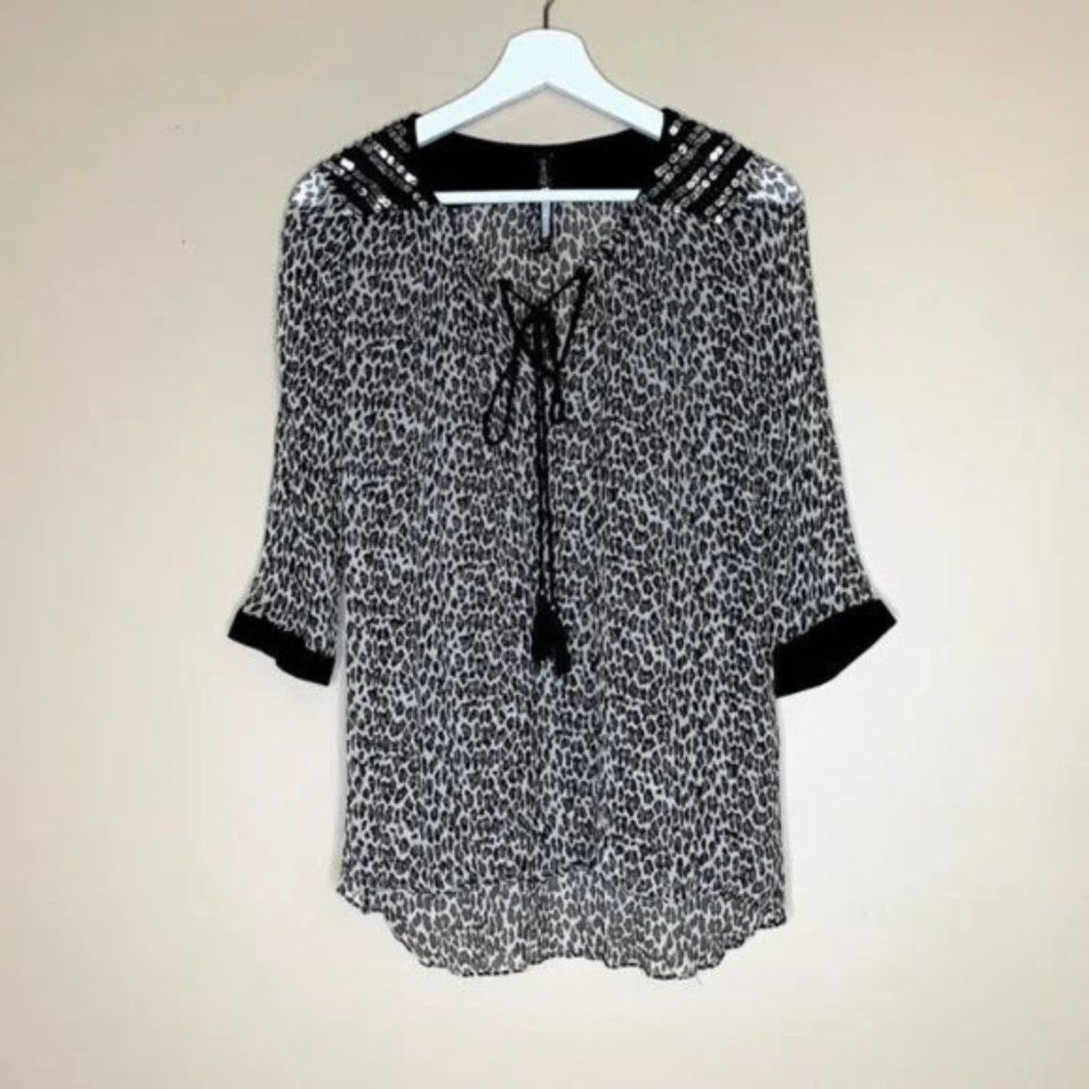Plenty by Tracy Reese Leopard Print Crinkle Silky Peasant Blouse w/ Sequins - S